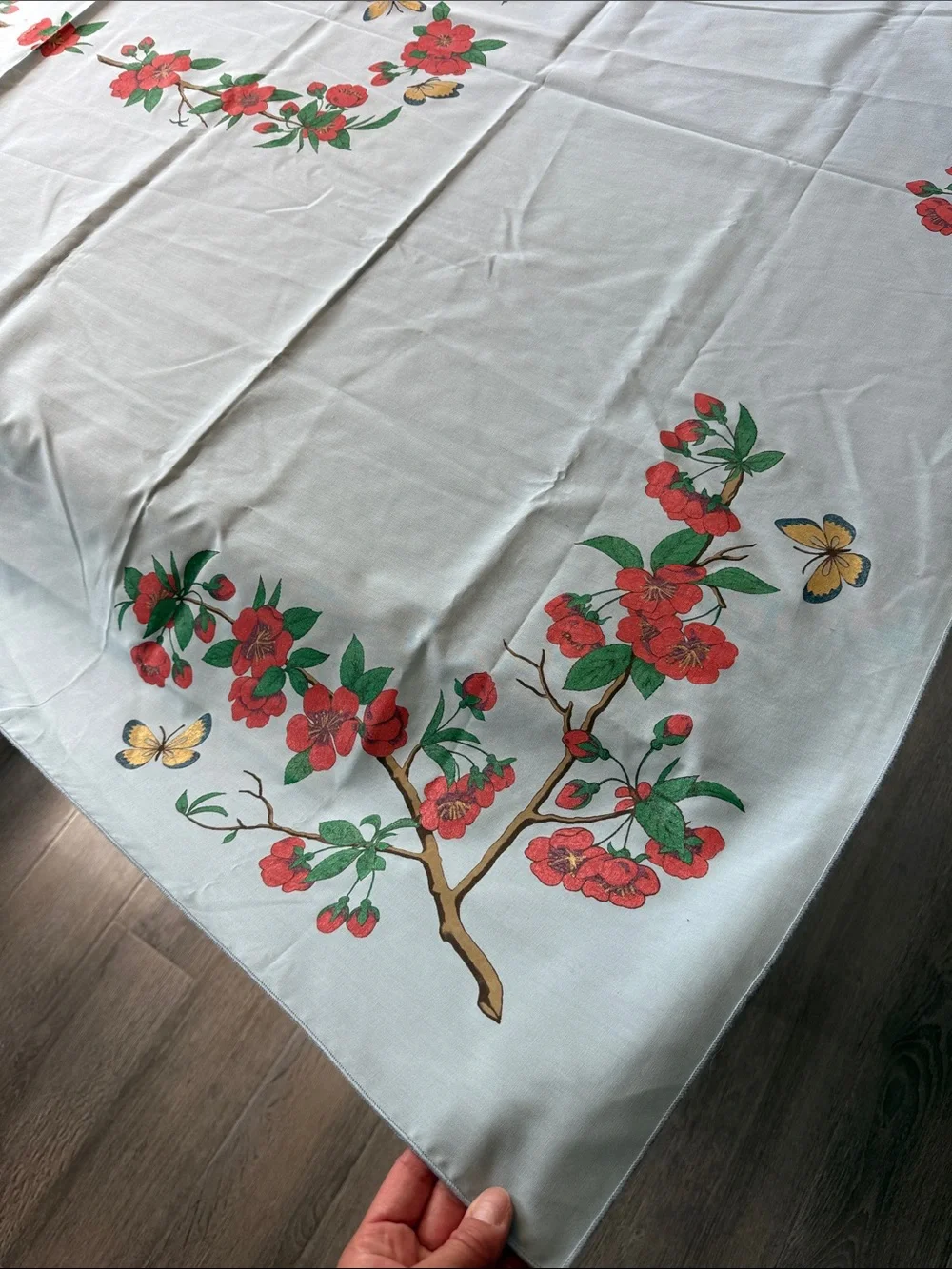 Vintage rectangle Light Blue Floral Butterfly Tablecloth cottagecore prairie